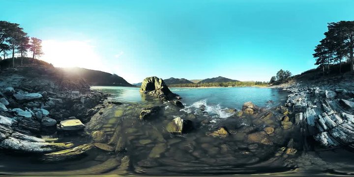 UHD 4K 360 VR Virtual Reality of a clear fast river flows over rocks in beautiful mountain landscape in the Altay Russia mountains forest in autumn or summer day