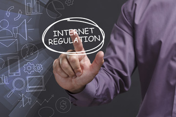 Business, Technology, Internet and network concept. Young businessman shows the word: Internet regulation