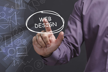 Business, Technology, Internet and network concept. Young businessman shows the word: Web design