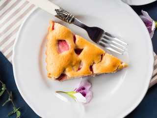 Strawberry pie from mixed flour. Spring summer still life. Sweet food festive treat. Flat lay