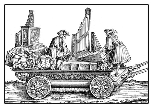 Carriage with organ and musicants playing in festive procession, from Hans Burgkmair's Triumph of  Maximilian I, woodcut print from XVI century