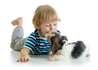 Child little boy kissing puppy dog. Isolated on white background.