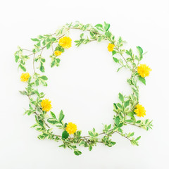 Floral round frame made of branches with leaves and yellow flowers on white background. Flat lay, top view. Floral background.