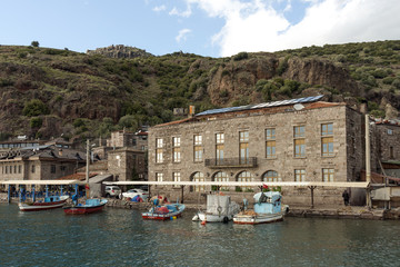MARCH 2, 2014 CANAKKALE TURKEY.The ancient harbor of the ASSOS.Small fishing boats and fishhermans...