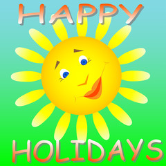 the drawn sun on a blue-green background, inscription, happy summer