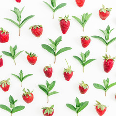 Colourful pattern made of strawberries and mint leaves on white background. Background of berries. Flat lay, top view.