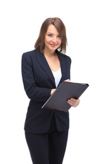 Full-length portrait of businesswoman keeping folder, isolated o