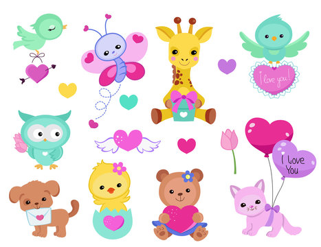 Collection of cute cute animals for Valentine's Day, weddings, congratulations, declarations of love.