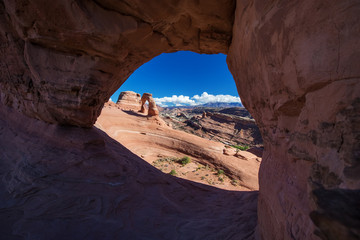 Unusual view to Delicate arch in Arches National Park in Utah, USA