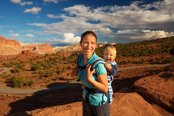 A mother and her baby son visit Capitol reef National park in Utah, USA © Maygutyak