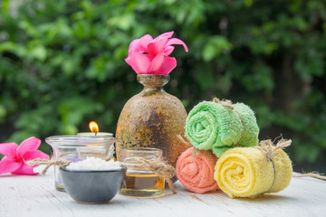 Holiday spa for relax after work, Spa and wellness setting with towels. Day spa nature products