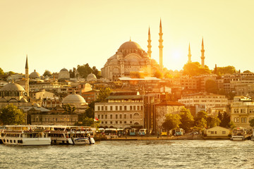 Sunny view of Istanbul at sunset, Turkey. Travel and tourism concept.