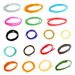 Set of hand drawn with marker colorful circles isolated on white background.