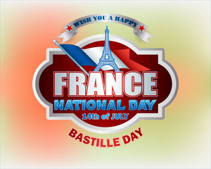 Holiday design, background with 3d texts, Eiffel Tower shape and France flag, for 14th of July, France National day, celebration; Vector celebration