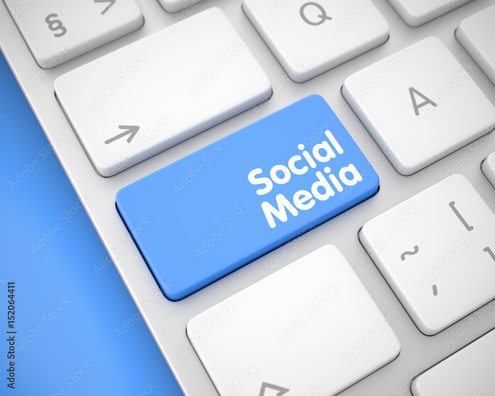 Poster online service concept: social media on the white keyboard background. computer keyboard key showing