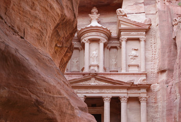 Petra - ancient city. View of Treasury from As Siq gorge. Jordan.