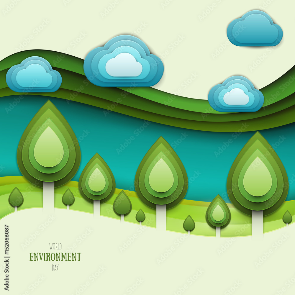 Wall mural paper cut cartoon nature landscape with green tree, hills and clouds in realistic trendy craft style