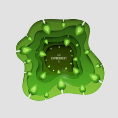 Paper cut cartoon nature with trees, landscape in realistic trendy craft style. Modern origami design. World environment day concept greeting card, banner. Vector illustration.