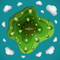 Paper cut cartoon nature with trees, clouds, sky in realistic trendy craft style. Modern origami design. World environment day concept greeting card, banner. Vector illustration.
