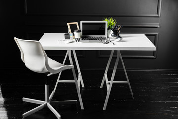 Fototapeta premium Office leather desk table with computer, supplies
