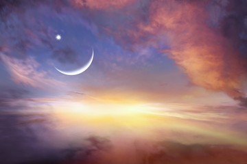 Sunset and moon . Glowing sunset . Ramadan Kareem   . Sunset sky 
