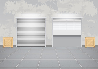 Storefront or shopfront is a facade or commercial building. Exterior with door and floor or entryway for retail shop or store. Protection with security shutter or roller door. Vector illustration.