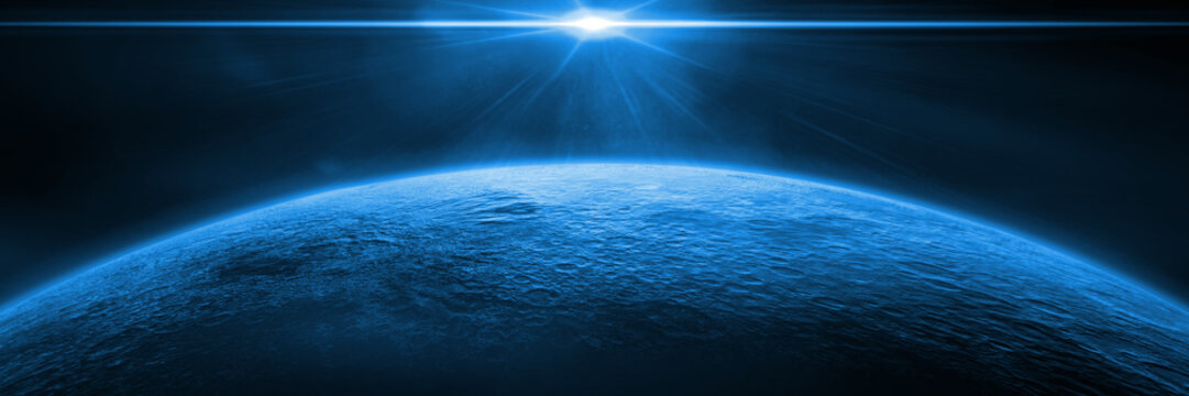 mysterious alien planet lit by a blue star 
