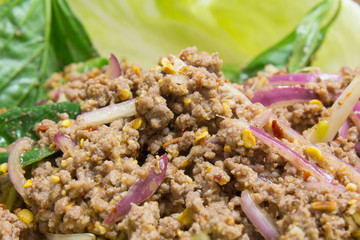 spicy minced pork salad, minced pork mash with spicy, Thai food, rice, papaya salad and sticky rice with added even more delicious