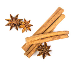 Close up the brown cinnamon stick with star anise spice isolated on white background , overhead and top view