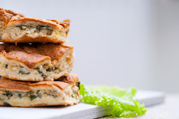 pie with meat and salad leaf