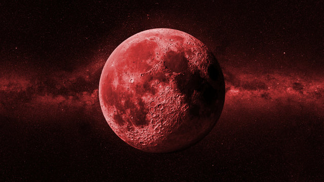 red Moon in front of the Milky Way galaxy