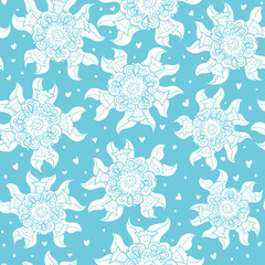 Seamless botanical pattern with geometric silhouette white flower and heart on blue background. Vector illustration.