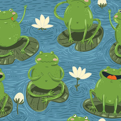 Seamless pattern with cute hand-draw frogs and watterlilly in a on the pond  on cartoon style on blue background. Vector children illustration.