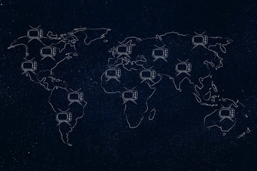 Naklejka premium world map with television screens all over, worldwide audience