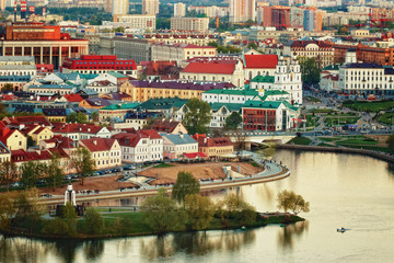 .Panoramic view of the historical center of Minsk. Belarus. Sunset.