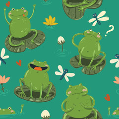 Seamless pattern with cute hand-draw frogs, watterlilly, heartsand dragonflies on cartoon style on blue background. Vector children illustration.
