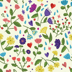 Seamless beauty floral vector pattern on light background in cartoon style  with hearts, drops and berries