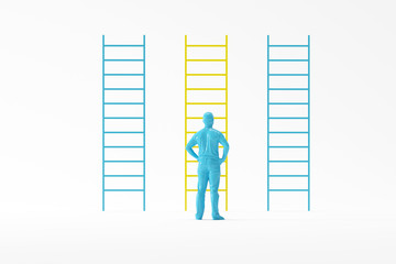 Young man looking yellow staircase on white background. minimal concept. 3D render.
