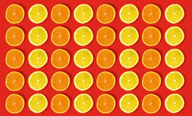 Colorful fruit pattern of fresh orange and lemon slices on red background. From top view