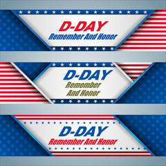 Set of web banners design, background with texts and American flag, for D-Day event, celebration