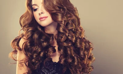 Papier Peint photo Salon de coiffure Fille brune aux cheveux ondulés longs et brillants. Beau modèle avec une coiffure frisée.