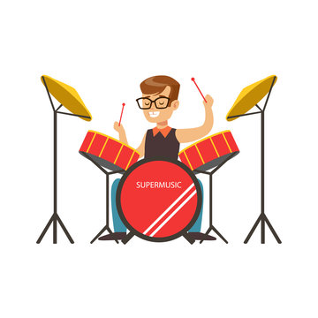 Little Boy Playing Drums, Little Drummer. Colorful Character Vector Illustratio