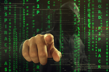 hacker at work with graphic user interface around