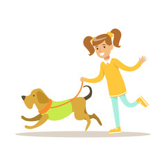 Cute smiling girl walking with her dog. Colorful cartoon character vector Illustration