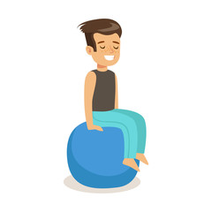 Smiling boy sitting on a pilates ball. Colorful cartoon character vector Illustration