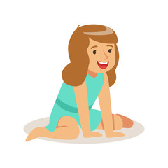 Smiling little girl sitting on her knees on the floor. Colorful cartoon character vector Illustration