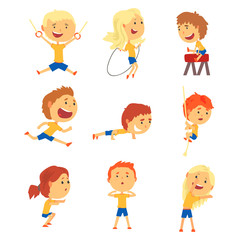 Cute smiling kids doing sports set. Activity kids playing cartoon colorful cartoon Illustrations