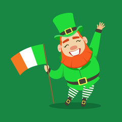 Happy Smiling Leprechaun holding Irish flag in his hand. Saint Patricks Day fairy tale colorful character
