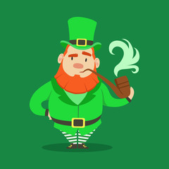 Cute cartoon dwarf Leprechaun standing with smoking pipe. Saint Patricks Day colorful character