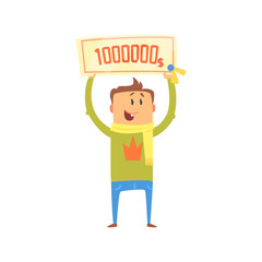 Cartoon happy man with check for one million dollars in his hands. Colorful character vector Illustration